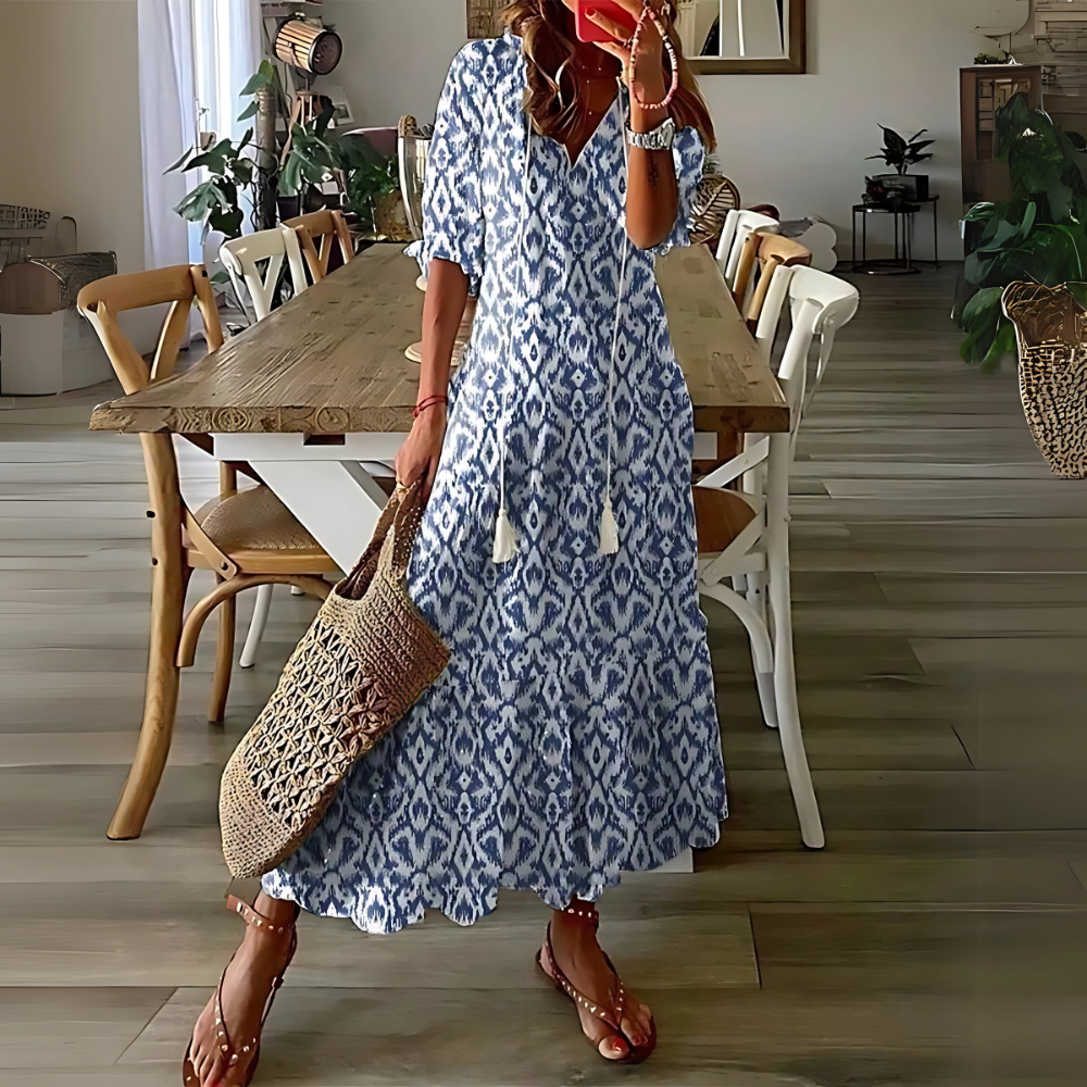 Bożena – Boho maxi sukienka z etnicznym wzorem