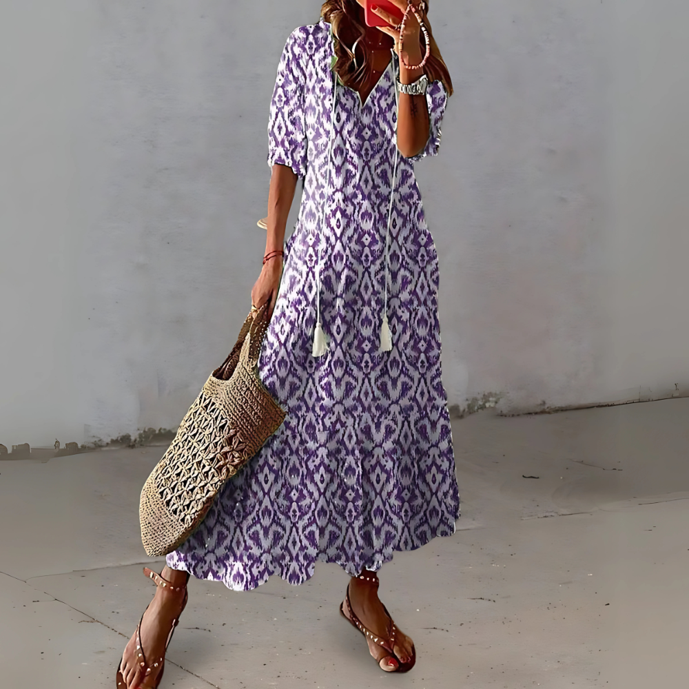 Bożena – Boho maxi sukienka z etnicznym wzorem