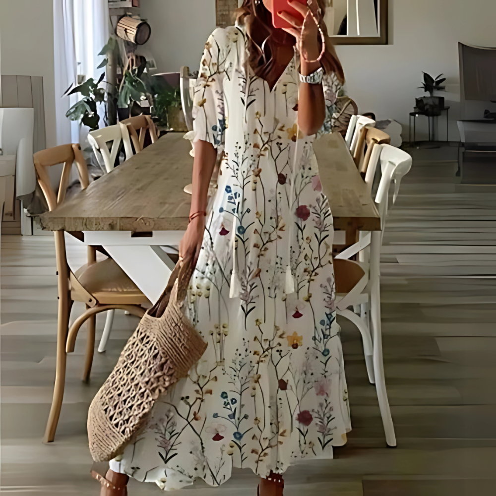 Bożena – Boho maxi sukienka z etnicznym wzorem