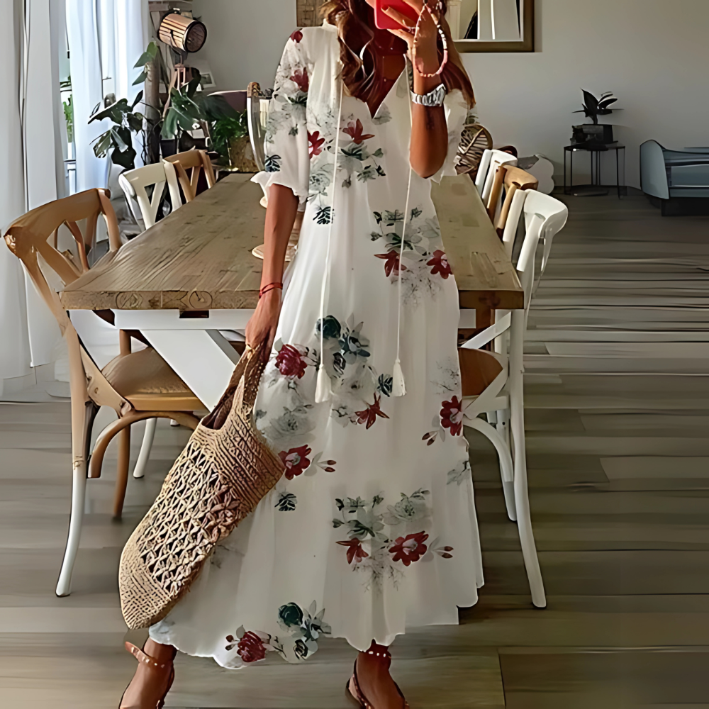 Bożena – Boho maxi sukienka z etnicznym wzorem