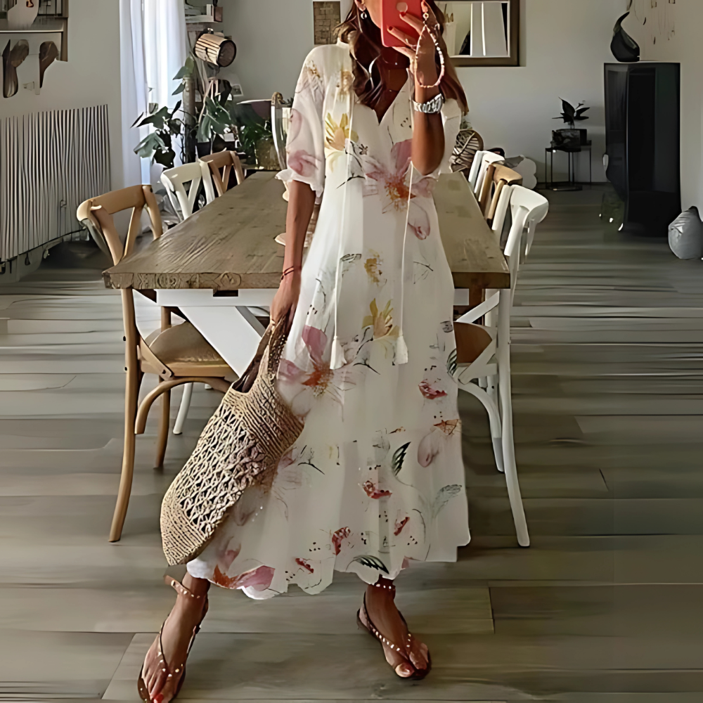 Bożena – Boho maxi sukienka z etnicznym wzorem
